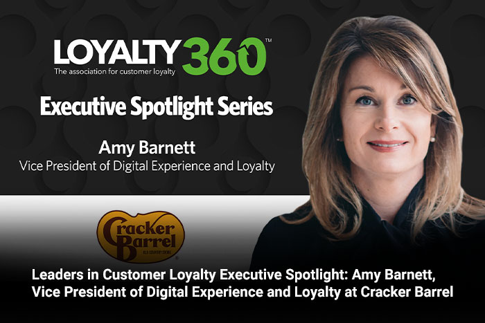 Promotional image for "Loyalty 360 Executive Spotlight Series" featuring a woman named Amy Barnett and the Cracker Barrel logo.