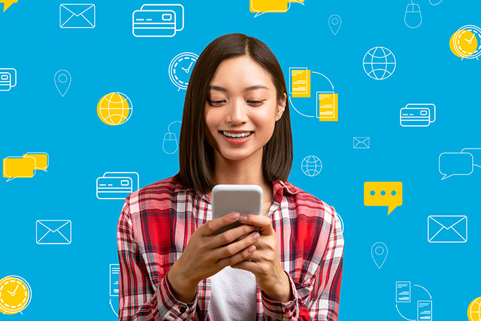 A woman smiling at her smartphone against a blue background with various digital icons.
