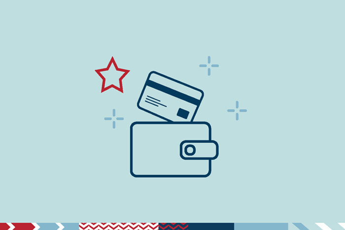 Illustration of a wallet with a credit card, a red star, and decorative sparkles on a light blue background.